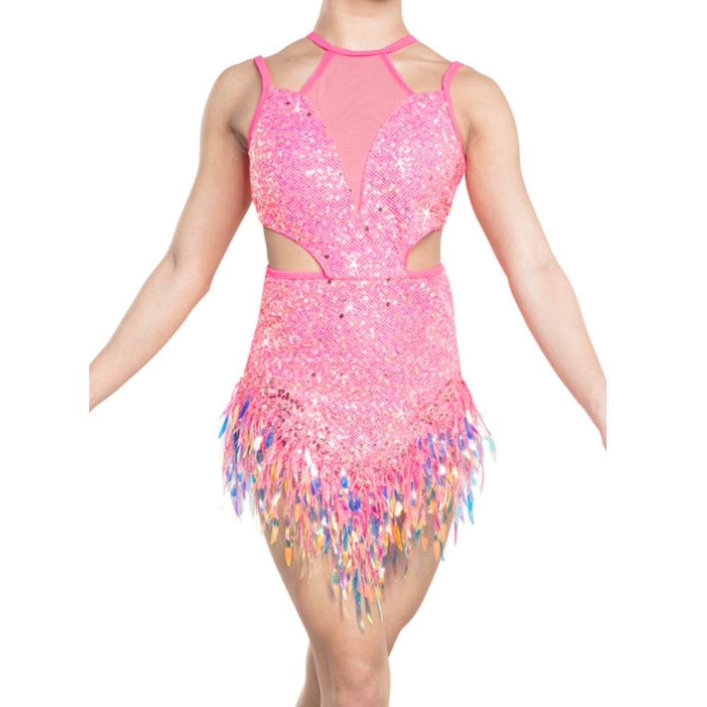 Tenth House Essence Hot Pink Sequin Dance Leotard Iridescent Fringe Costume SA